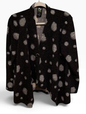 NWOT Pure Essence Black Spot-Print Open-Front Knit Cardigan Artsy Lagenlook